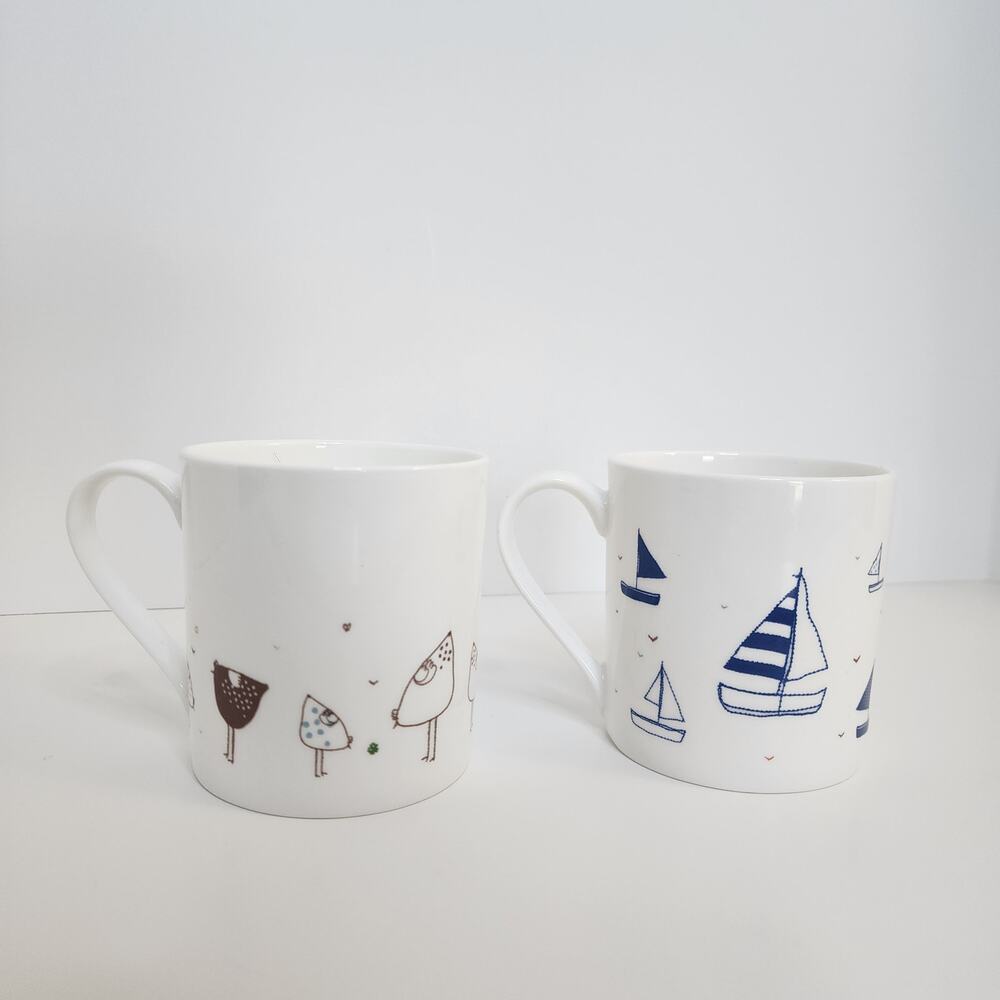 Vintage Charlotte Macey Set of 2‎ Coffee Tea Mugs - Sailboat and Chicks